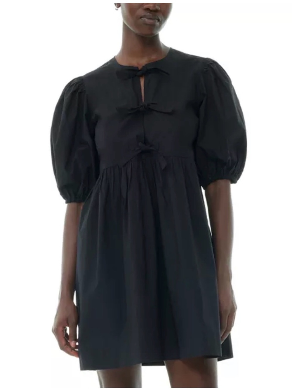 Ganni Black Puff-Sleeve Mini Dress with Tie-Front Detail